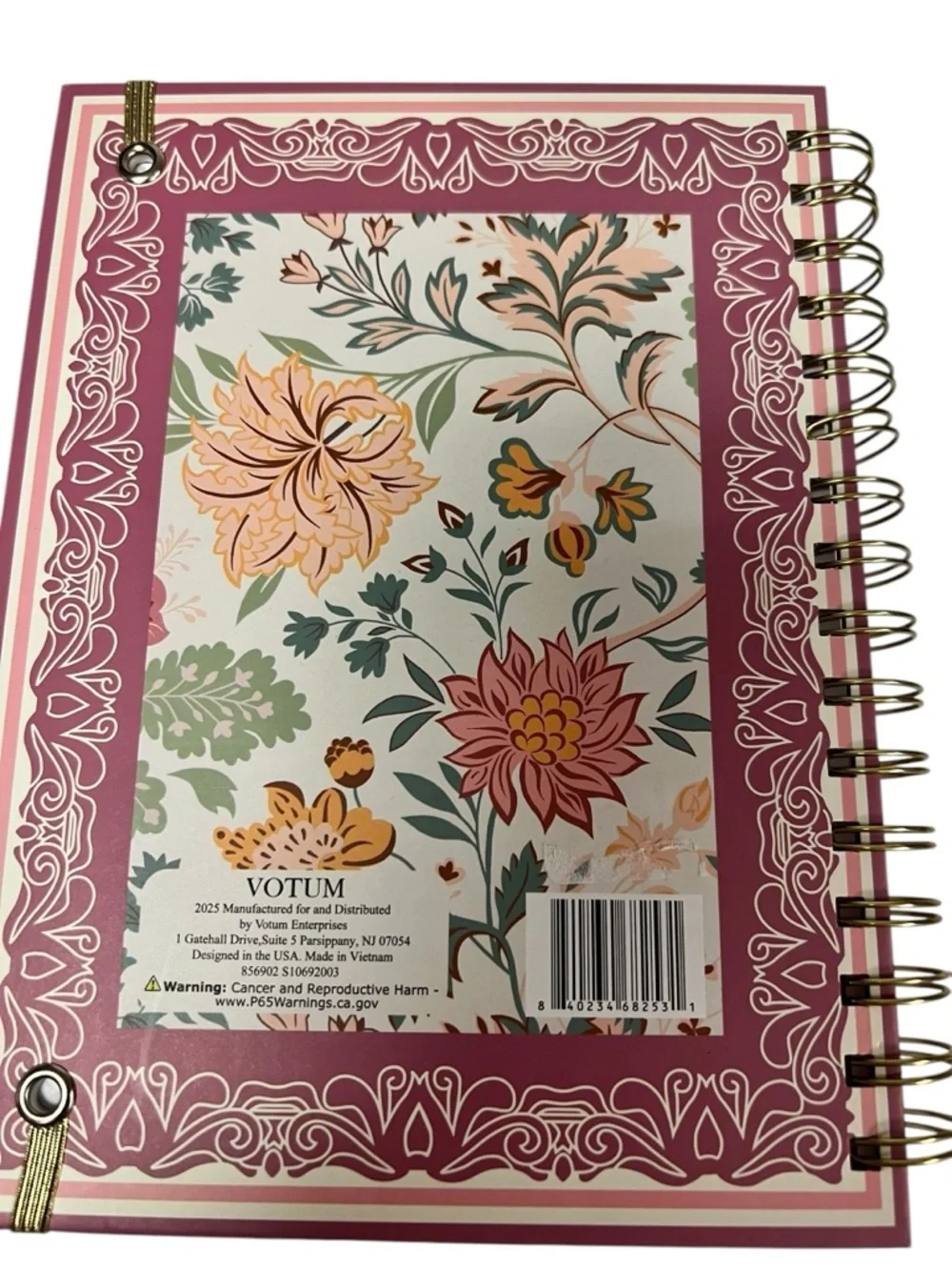 Pink Floral Spiral Notebook with Gold Heart Pen